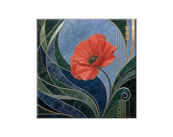 Waterjet Marble Mosaic Replica - Ceramic Tile Mural: Art Nouveau Red Poppy on Flowing Background