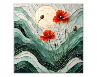 Art Nouveau Ceramic Tile, Poppy Mosaic (Glossy or Satin Finish)