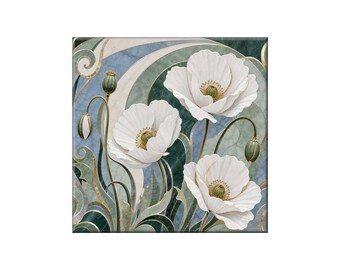 Waterjet Marble Mosaic Replica - Ceramic Tile Mural: Art Nouveau White Poppies