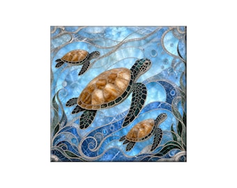Sea Turtle Ceramic Tile Mural, Marble Look Art, Gloss Finish Wall Accent