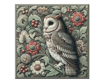 Backsplash Art Tile, Owl 6.  A ceramic tile mural of an owl against a floral background in the style of William Morris.