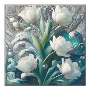 Ceramic Tile Mural, Art Nouveau  #103.  A ceramic tile mural of flowers against a flowing, floral background.