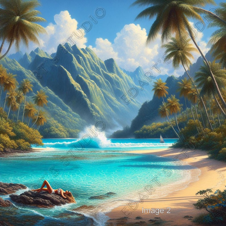 Tropical Art Lagoons Digital Painting 4 PRINTABLE INSTANT DOWNLOADS for ...