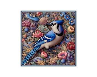 Songbird Ceramic Tile Mural - Hand-Made Blue Jay Art