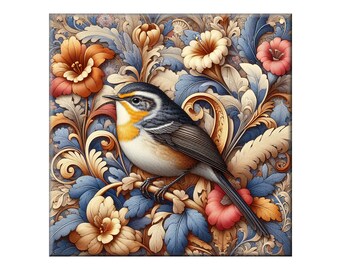 William Morris Ceramic Tile, Songbird #18.  A ceramic tile mural of a songbird on a floral background in the style of William Morris.