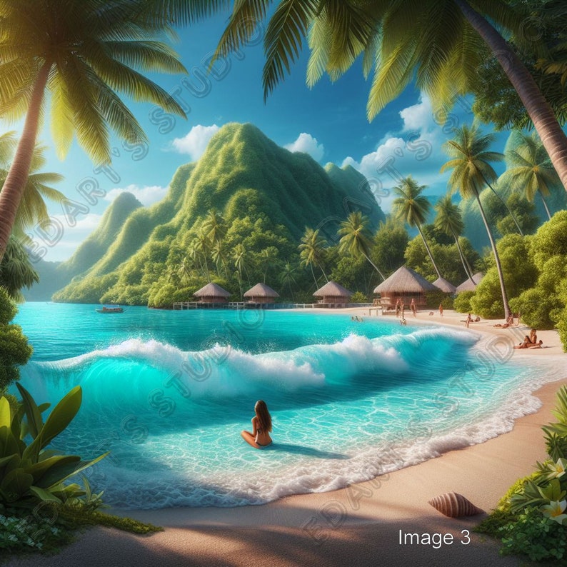 Tropical Art Lagoons Digital Painting 4 PRINTABLE INSTANT DOWNLOADS for ...