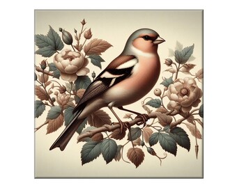 William Morris Ceramic Tile, Songbird #12.  A ceramic tile mural of a finch in a tree on a soft background in the style of William Morris.