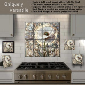a kitchen with a large, colorful mosaic tile mural on the wall above the stove. The mural is composed of various shades of blue, green, and white, creating a visually striking and unique design. The stove is positioned directly below the mural, adding a functional element to the space. The overall layout and design of the kitchen suggest a modern and stylish aesthetic.