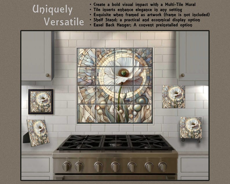 a kitchen with a large, colorful mosaic tile mural on the wall above the stove. The mural is composed of various shades of blue, green, and white, creating a visually striking and unique design. The stove is positioned directly below the mural, adding a functional element to the space. The overall layout and design of the kitchen suggest a modern and stylish aesthetic.
