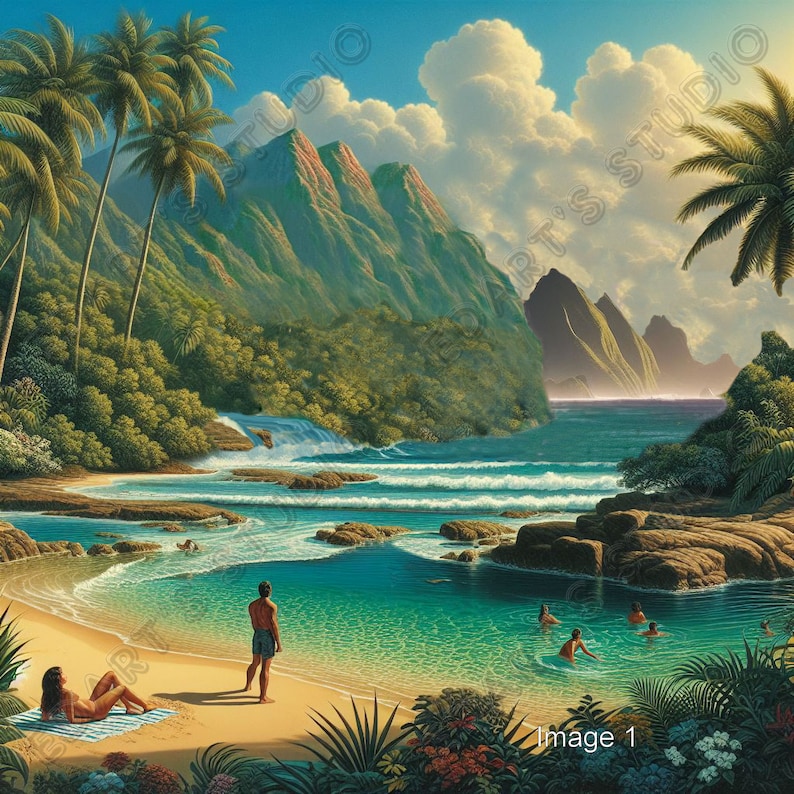 Tropical Art Lagoons Digital Painting 4 PRINTABLE INSTANT DOWNLOADS for ...