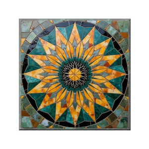 May include: A square mosaic tile with a central starburst design. The starburst features yellow and orange petals, surrounded by teal and black geometric shapes. The tile is framed by a border of smaller, multi-colored tiles.