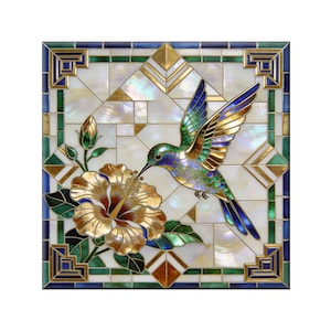 Artistic Ceramic Tile - Bright Hummingbird with GoldFlower