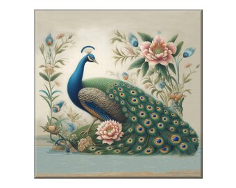 Ceramic Tile Mural, Vintage Peacock #1.  A ceramic tile mural of a peacock in a vintage setting in the style of John James Audubon.