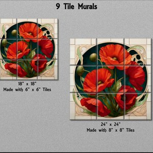 two large, colorful murals of red poppies arranged in a circular pattern. The text indicates that these murals are made with tiles, with sizes of 18" x 18" and 24" x 24" tiles.