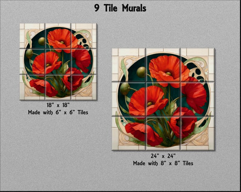 two large, colorful murals of red poppies arranged in a circular pattern. The text indicates that these murals are made with tiles, with sizes of 18" x 18" and 24" x 24" tiles.
