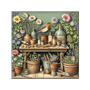 Vintage Scene Ceramic Tile Art : Bird on Garden Bench, William Morris Style Art