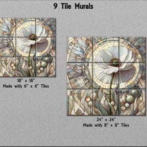 a collection of 9 tile murals, each featuring a unique design. The murals are made with different types of tiles, including 6 x 6 and 8 x 8 tiles. The sizes of the murals vary, with some being 18 x 18 and others 24 x 24. The overall theme of the murals is a flower, with the flower being the central focus of each piece. The image does not contain any text, and the descriptions provided focus on the visual elements of the murals rather than the specific details of each piece.