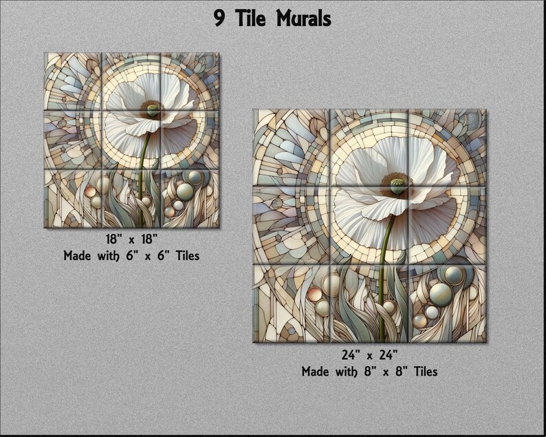 a collection of 9 tile murals, each featuring a unique design. The murals are made with different types of tiles, including 6 x 6 and 8 x 8 tiles. The sizes of the murals vary, with some being 18 x 18 and others 24 x 24. The overall theme of the murals is a flower, with the flower being the central focus of each piece. The image does not contain any text, and the descriptions provided focus on the visual elements of the murals rather than the specific details of each piece.