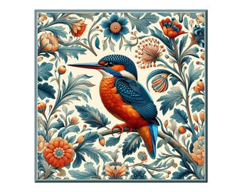 Ceramic Tile Mural for Backsplash.  A kingfisher on a floral background that would make William Morris proud. Multiple sizes. Song Bird #8.