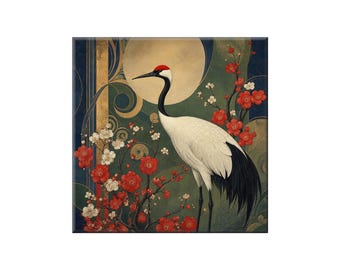 Red Crowned Crane Ceramic Tile: Art Nouveau Design