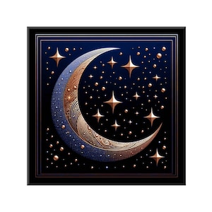 May include: A framed artwork featuring a crescent moon and stars against a dark blue background. The moon is detailed with gold and blue patterns, and surrounded by gold stars and smaller gold dots. The frame is black.