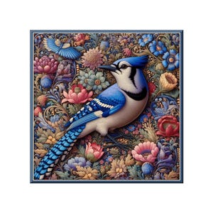 May include: A detailed illustration of a blue jay perched amidst a vibrant floral arrangement. The bird features striking blue, white, and black plumage, set against a backdrop of colorful flowers in shades of pink, blue, and yellow. The artwork is framed in a dark blue border.