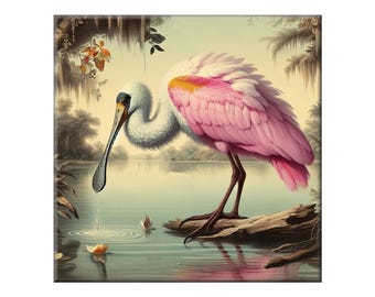 Audubon Ceramic Tile, Waterbird #4.  A ceramic tile mural of a Roseate Spoonbill in the style of John James Audubon.