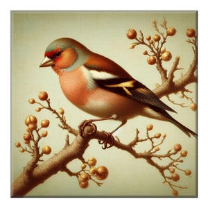 William Morris Ceramic Tile, Songbird #11.  A ceramic tile mural of a finch in a tree on a soft background in the style of William Morris.