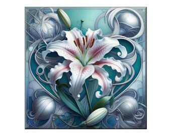 Ceramic Tile Mural, Art Nouveau  #106.  A ceramic tile mural of flowers against a flowing, floral background.