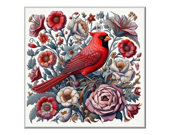 William Morris Ceramic Tile, Songbird #3.  A ceramic tile mural of a songbird on a floral background in the style of William Morris.
