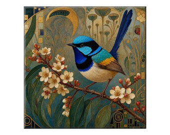 Fairywren Ceramic Tile Mural: Blue Bird on Floral Branch Art