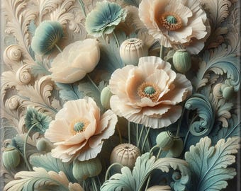 Ceramic Tile Mural, Art Nouveau  #81.  A unique ceramic tile backsplash of poppy blooms against a marbled background.