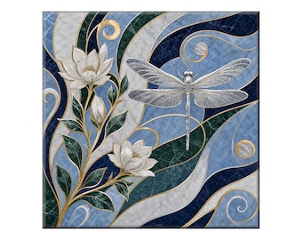 Waterjet Marble Mosaic Replica - Ceramic Tile Mural: Art Nouveau Dragonfly