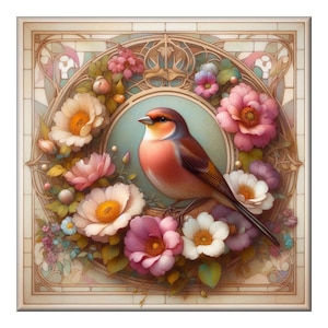 Ceramic Tile Mural, Songbird 21.  A ceramic tile mural of flowers against a flowing, floral background.