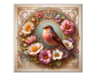 Ceramic Tile Mural, Songbird 21.  A ceramic tile mural of flowers against a flowing, floral background.