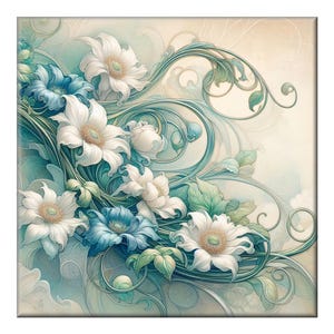 Ceramic Tile Mural, Art Nouveau  #104.  A ceramic tile mural of flowers against a flowing, floral background.