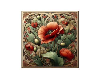 Art Nouveau Floral Ceramic Tile Mural: Kitchen Backsplash with Poppy