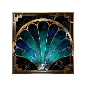 May include: Art Deco-style design featuring a fan-shaped pattern in shades of teal and blue, set against a black marble background. The design is framed with gold accents and geometric borders, creating a luxurious aesthetic.