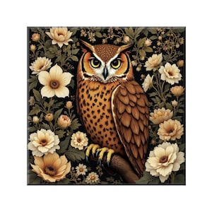 A detailed illustration of an owl perched on a branch, surrounded by a lush floral background.
