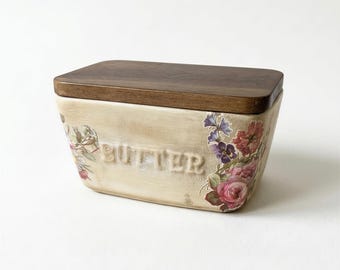 Butter Dish, Hand-Painted Porcelain Decorative | Walnut Top | 6x4x4 Inches, Tabletop Display Accent