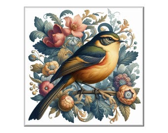 William Morris Ceramic Tile, Songbird #19.  A ceramic tile mural of a songbird on a floral background in the style of William Morris.