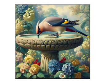 William Morris Ceramic Tile, Songbird #26.  A ceramic tile mural of a songbird on a floral background in the style of William Morris.