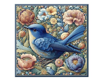 William Morris Ceramic Tile, Songbird #6.  A ceramic tile mural of a songbird on a floral background in the style of William Morris.
