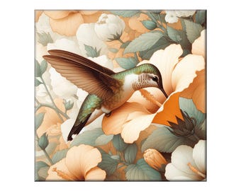 William Morris Ceramic Tile, Hummingbird #5.  A ceramic tile mural of a Hummingbird on a floral background in the style of William Morris.
