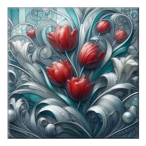 Ceramic Tile Mural, Art Nouveau  #102.  A ceramic tile mural of flowers against a flowing, floral background.