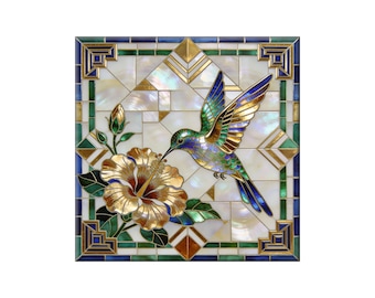 Artistic Ceramic Tile - Bright Hummingbird with GoldFlower