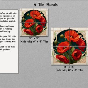 The image is a collage of four images, each depicting a different type of tile mural. The first image shows a red flower design, the second image features a red flower design with a green background, the third image showcases a red flower design with a white background, and the fourth image displays a red flower design with a green background.