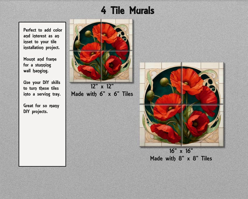 The image is a collage of four images, each depicting a different type of tile mural. The first image shows a red flower design, the second image features a red flower design with a green background, the third image showcases a red flower design with a white background, and the fourth image displays a red flower design with a green background.