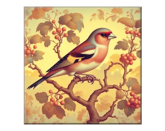 William Morris Ceramic Tile Mural - Songbird #14.  Great for a backsplash, a colorful finch in the style of William Morris.
