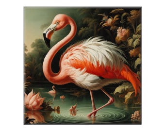 Backsplash Art Tile, Flamingo #4.  A ceramic tile mural of a Pink Flamingo in a wetland. Done in the style of Audubon.